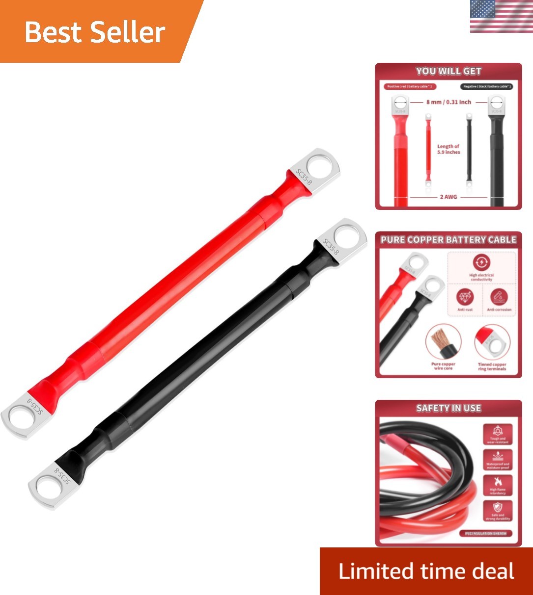 2 AWG Battery Cable 2 Pcs, 5.9 Inch Battery Cables with M8 Ring Terminals, Ma…
