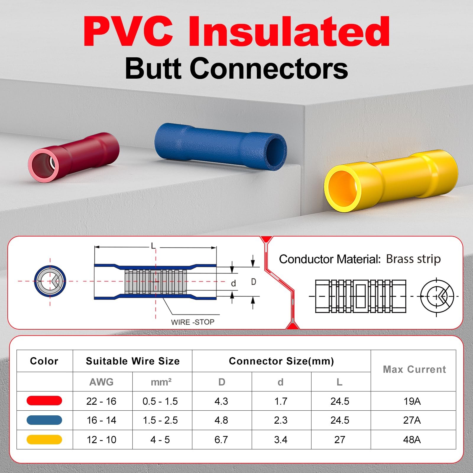 AIRIC 16,14 AWG/Gauge Blue Butt Connectors Wire Crimp Splice Terminals | UL,16-1