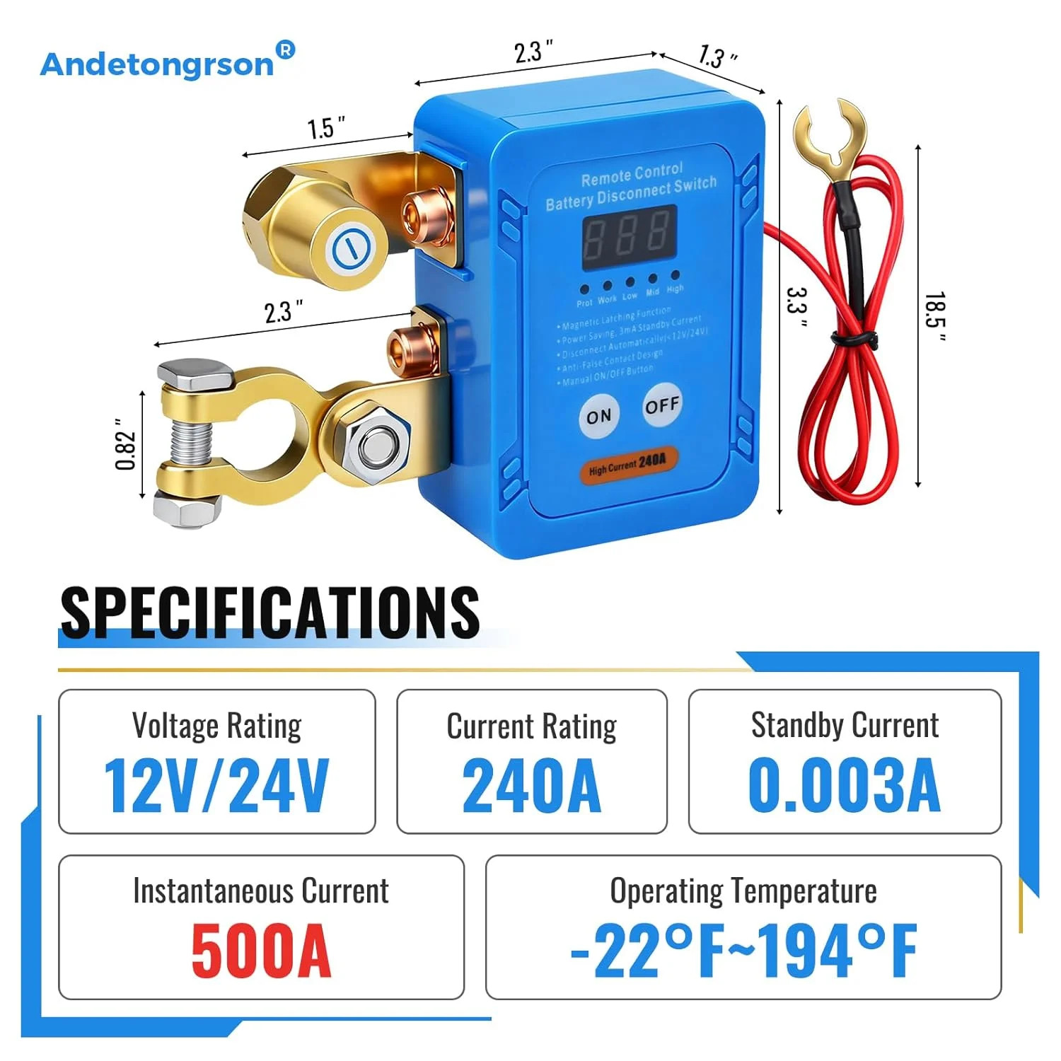 Remote Battery Disconnect Switch LED Display Flame-Retardant Housing, 12V/24V 24