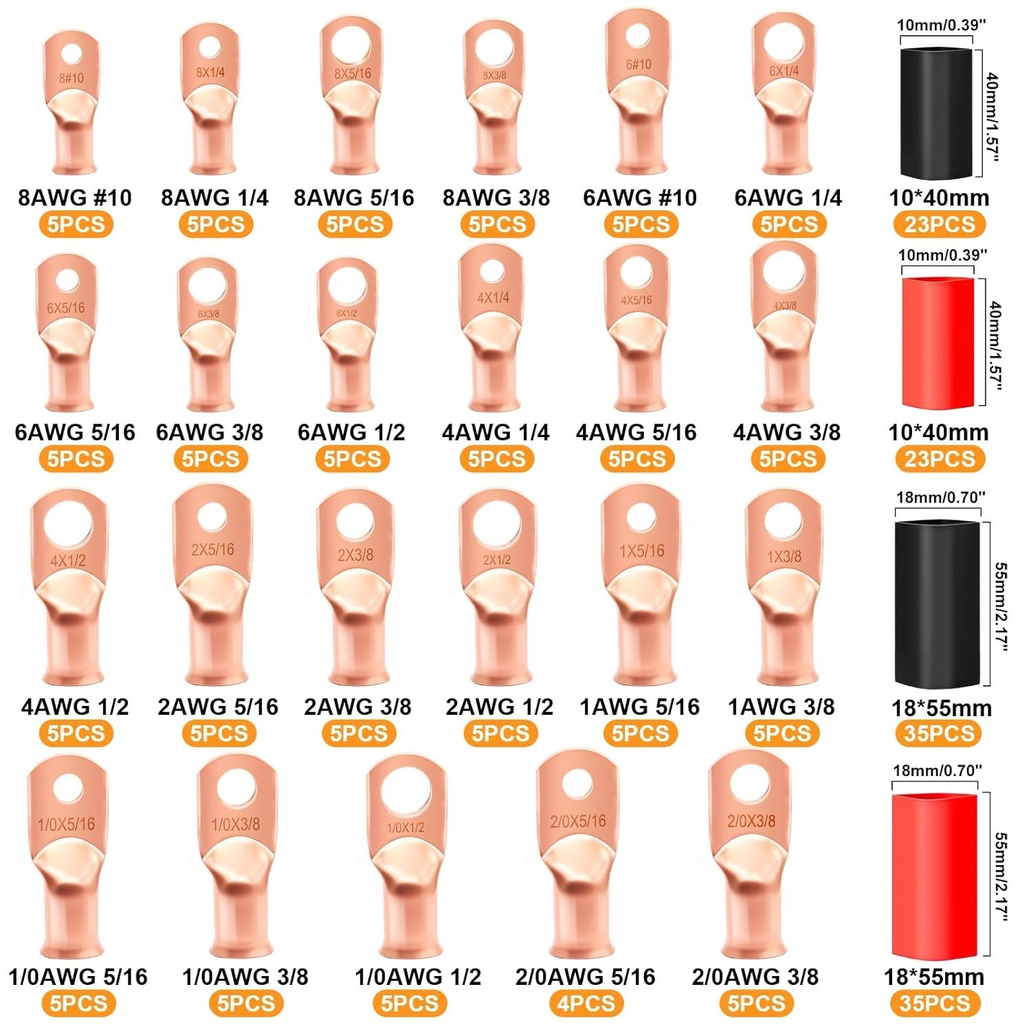 Copper Wire Lugs AWG 1 2 4 6 8 1/0 2/0 Gauge Battery Terminal Connectors Batt…