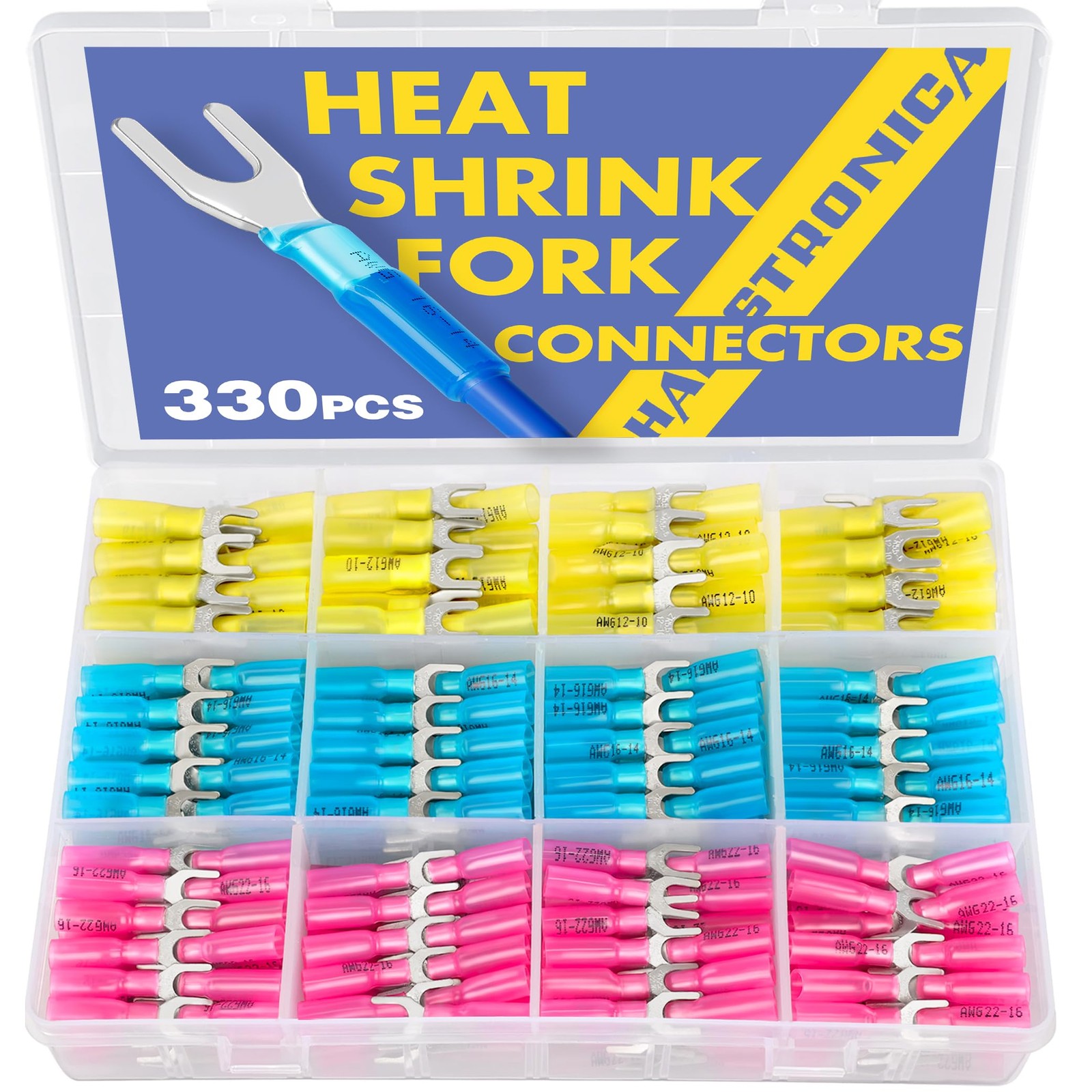 330 PCS Heat Shrink Fork Spade Connectors #10 Waterproof Marine UType Blue