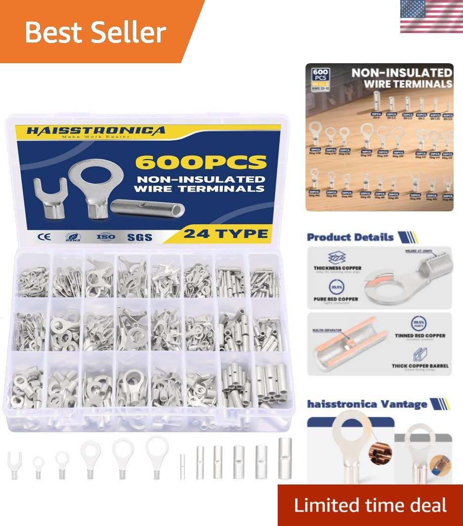 Complete 600-Piece AWG 22-10 Non-Insulated Terminal Kit with Copper Connectors