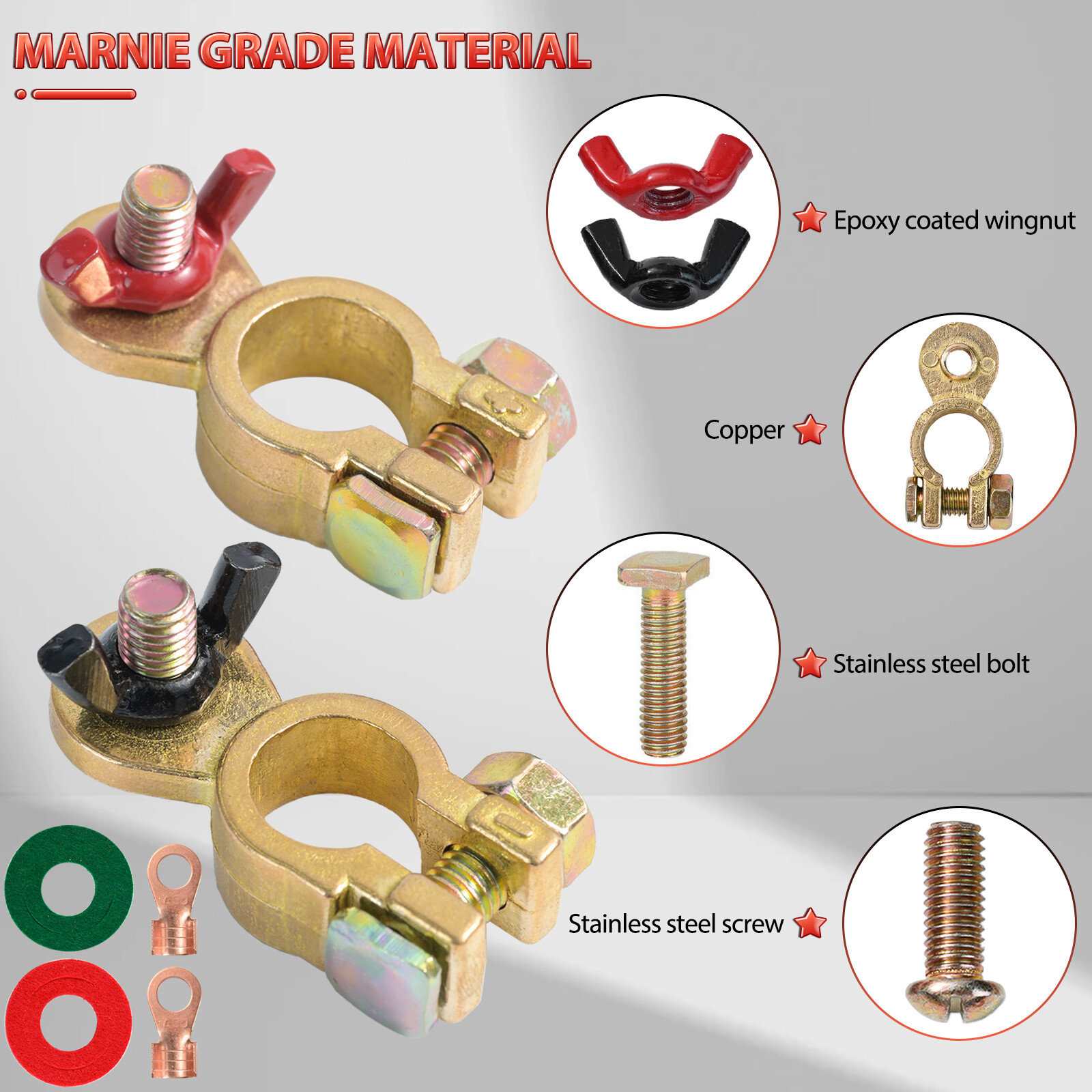 2x Solid Brass Battery Terminal Connector Top Post End Clamps for Car Marine.