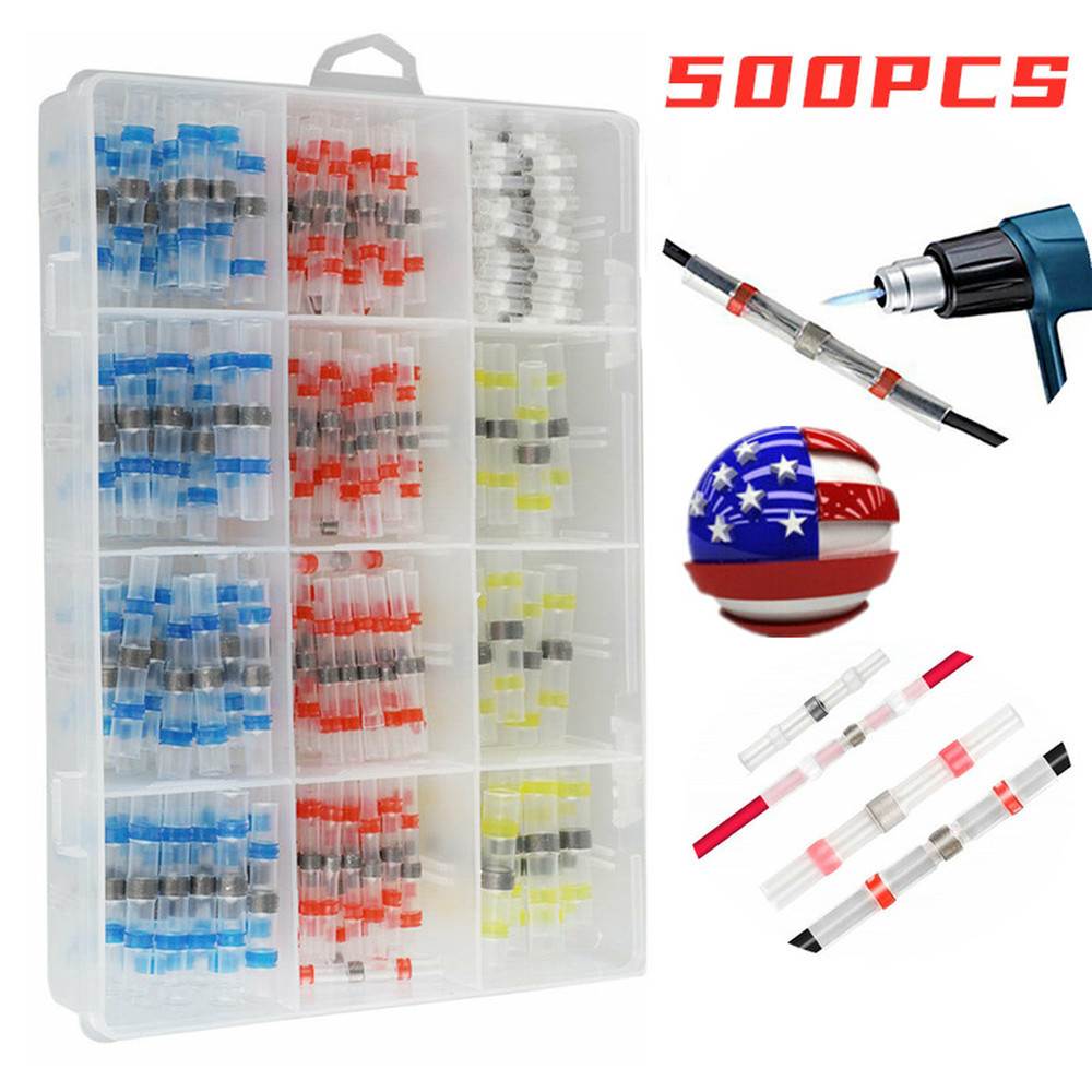 500Pcs Solder Seal Sleeve Heat Shrink Electric Butt Wire Connectors Terminal Kit