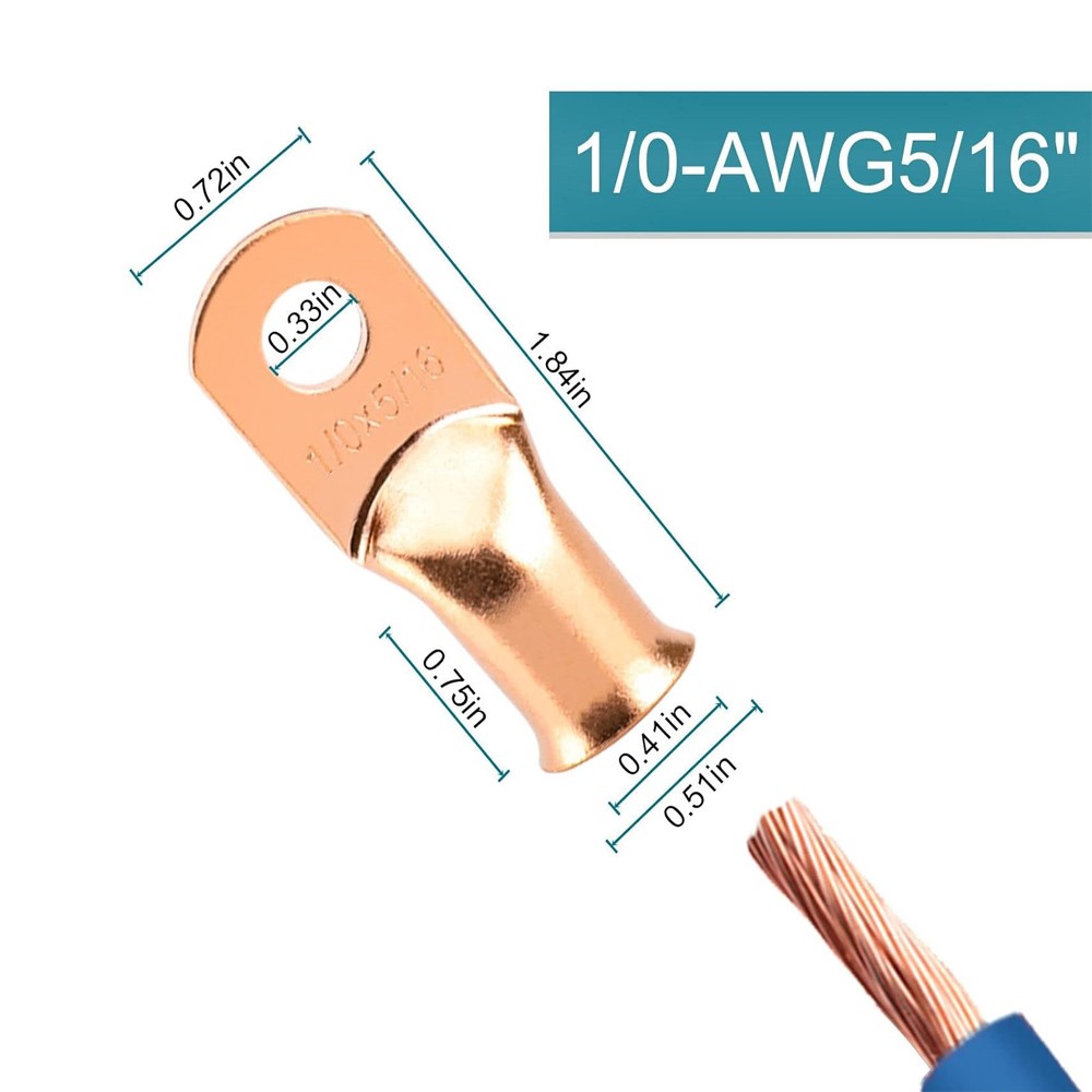 1/0 Gauge AWG Non-Insulated Pure Copper Lugs 5/16″ Ring Terminal Connector 10pcs