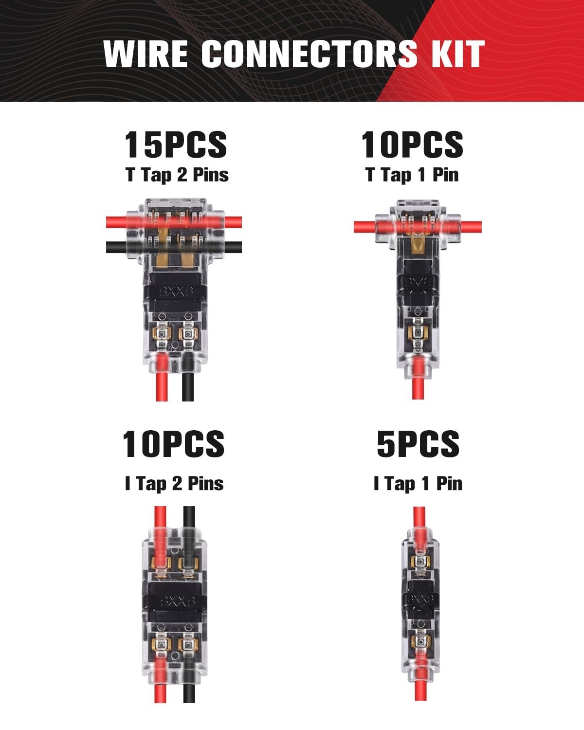 40pcs Wire Tap Connectors Kit, Solderless No-Stripping T-Tap for 24-20 AWG, 3-Wa