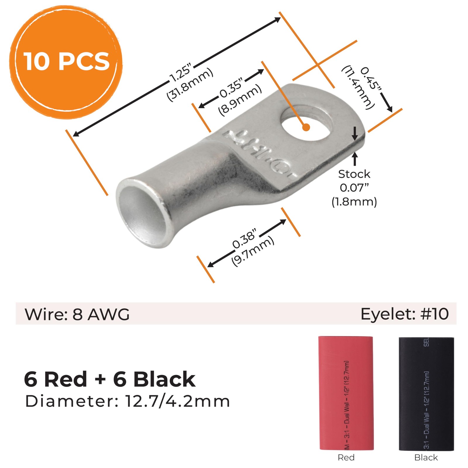 SELTERM 10pcs, 8 Awg, #10 Stud Marine Grade Tinned Copper Battery Lugs | With…