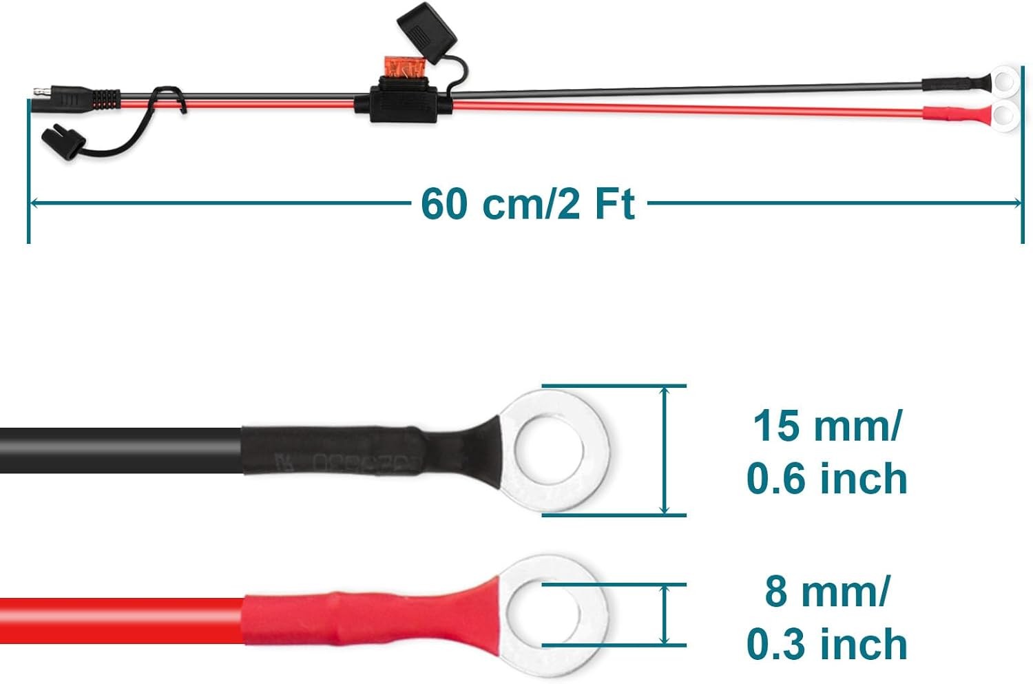 SAE Extension Cable, 2FT 10AWG Battery Connector, Ring 10AWG-1PCS