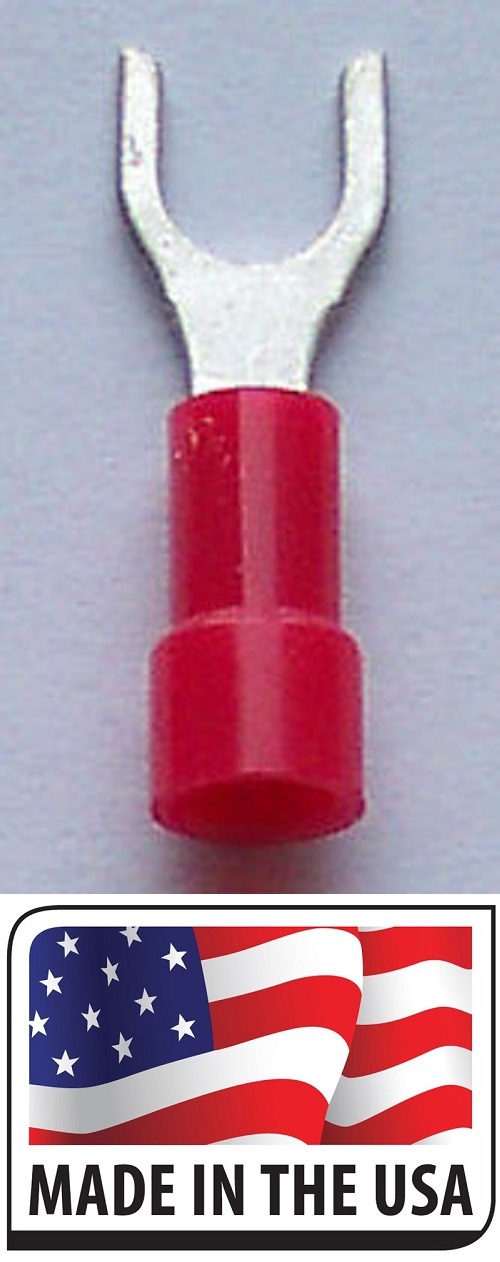 (50 pc) 22-18 #6 VINYL RED FORK SPADE TERMINAL ELECTRICAL CONNECTOR MADE IN USA