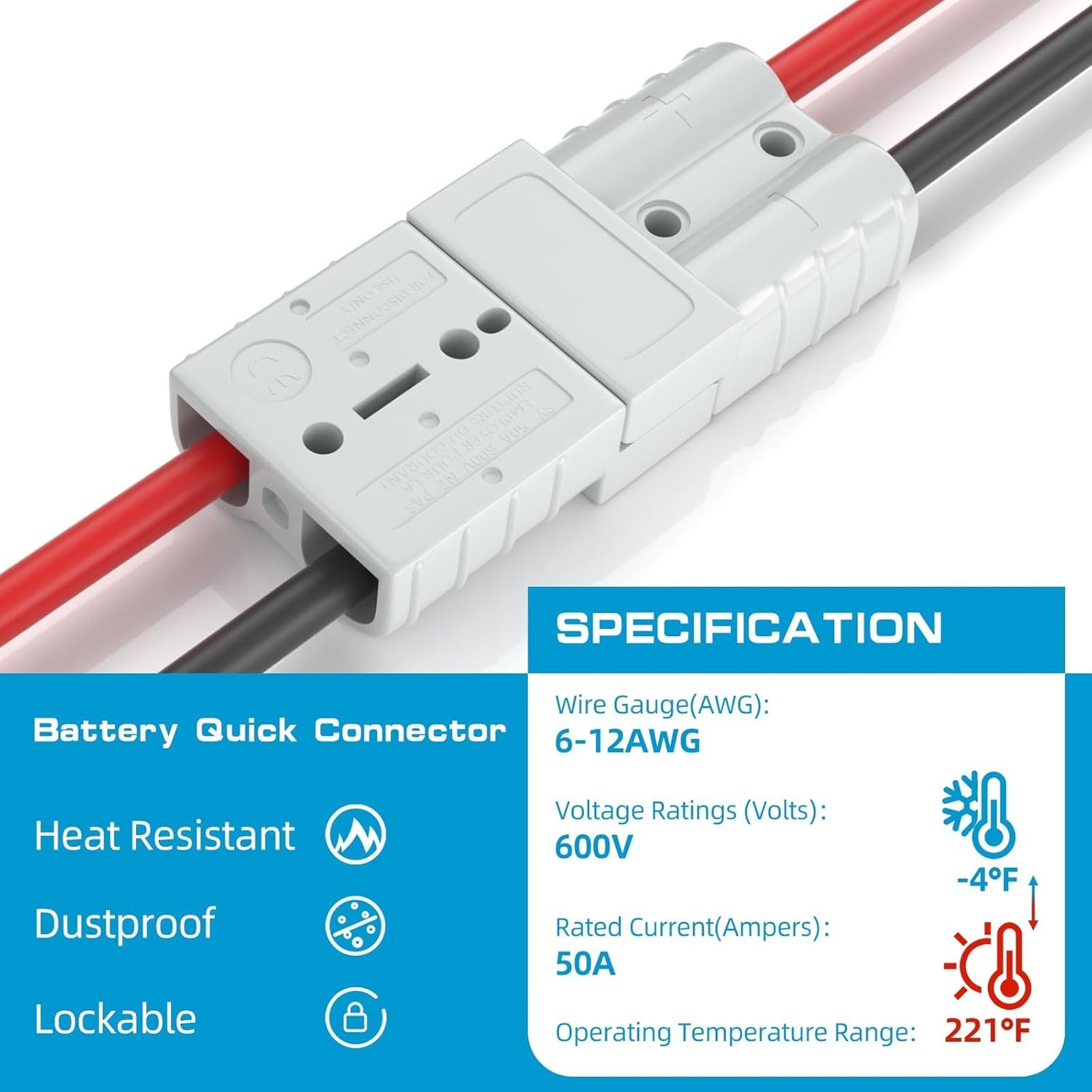 50 Amp Battery Disconnect Connector Kit 6-12 Gauge 600V Waterproof Mounting