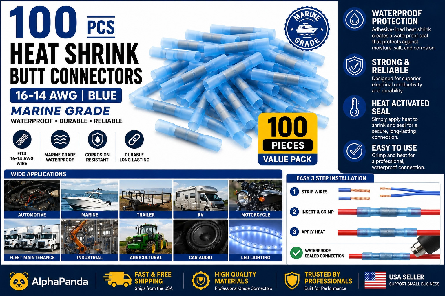 100 Marine Grade Heat Shrink Butt Connectors 16-14 AWG Blue Waterproof Kit