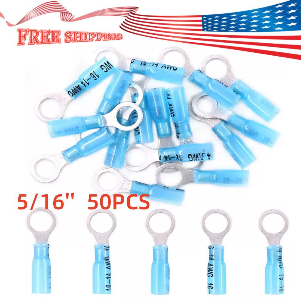 50PCS Blue Heat Shrink Ring Terminals 5/16″ Eyelet Wire Connectors 16-14 AWG