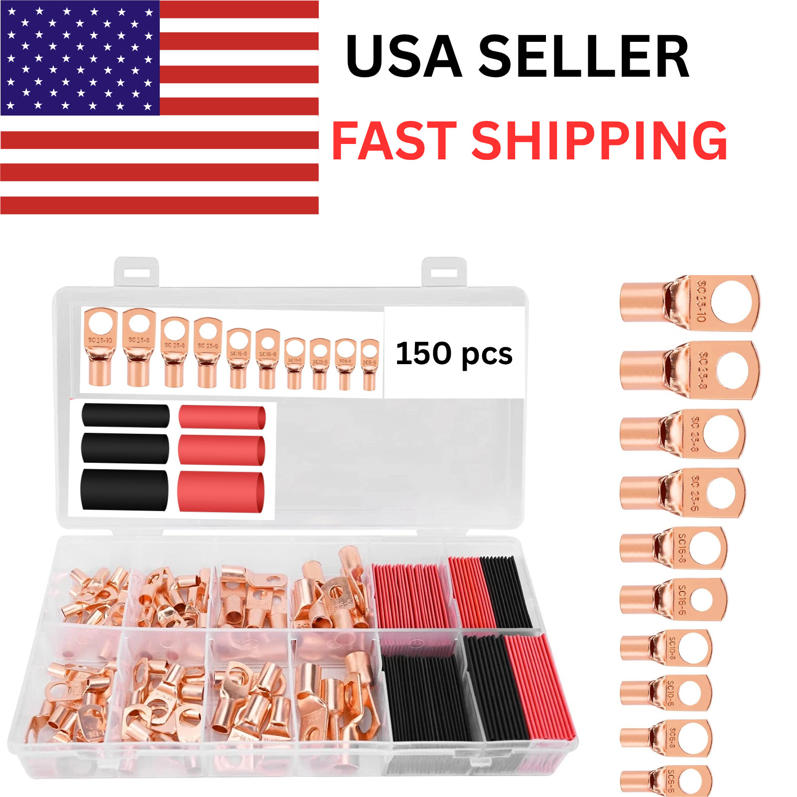 Copper Battery Cable Ends Wire Lugs Assortment Kit AWG 2 4 6 8 10 Gauge 150pcs