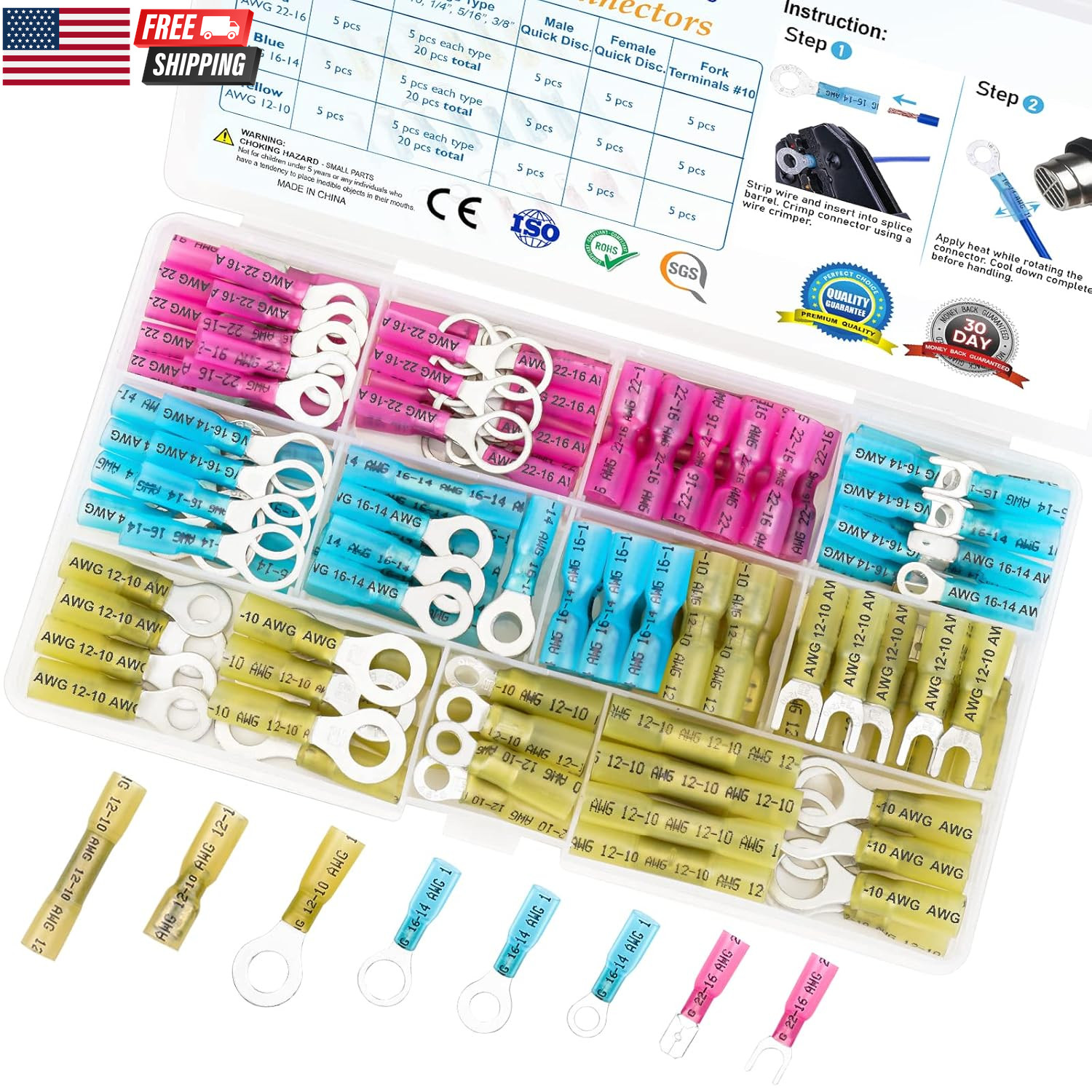 250Pcs Heat Shrink Wire Connectors, Waterproof Automotive Marine Electrical Term