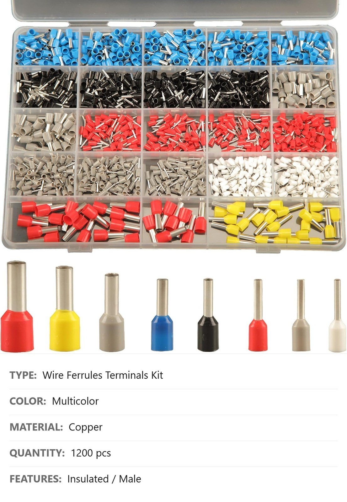 Wire Ferrules Terminals Kit, 1200 Pc, 8 Types, 0.5-10mm², 22-7 AWG