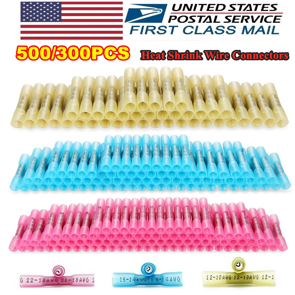 500/300PCS 22-10AWG HEAT SHRINK BUTT WIRE SPLICE CONNECTORS SEAL CRIMP TERMINALS