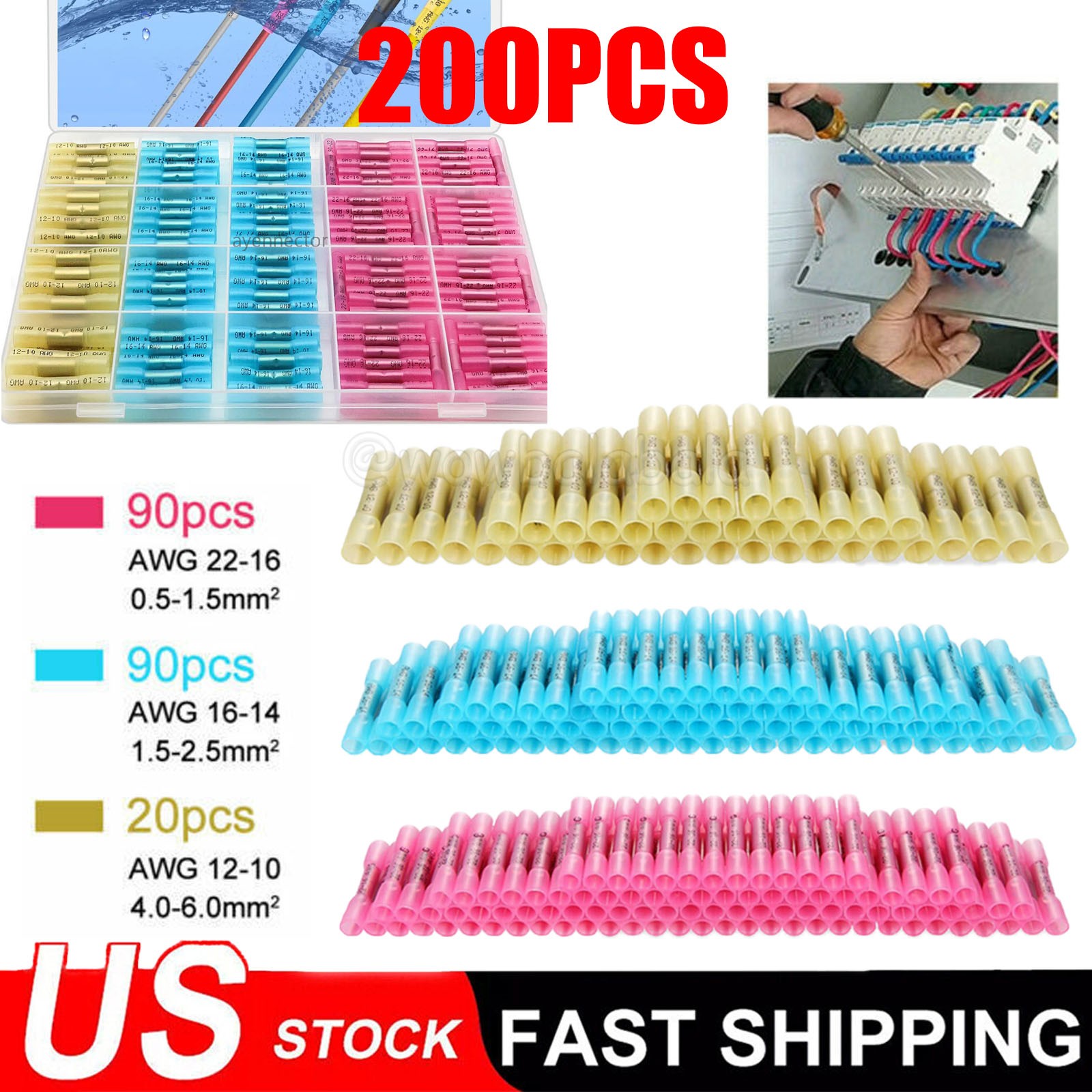 200PCS Heat Shrink Butt Wire Splice Connectors Seal Crimp Terminals Waterproof