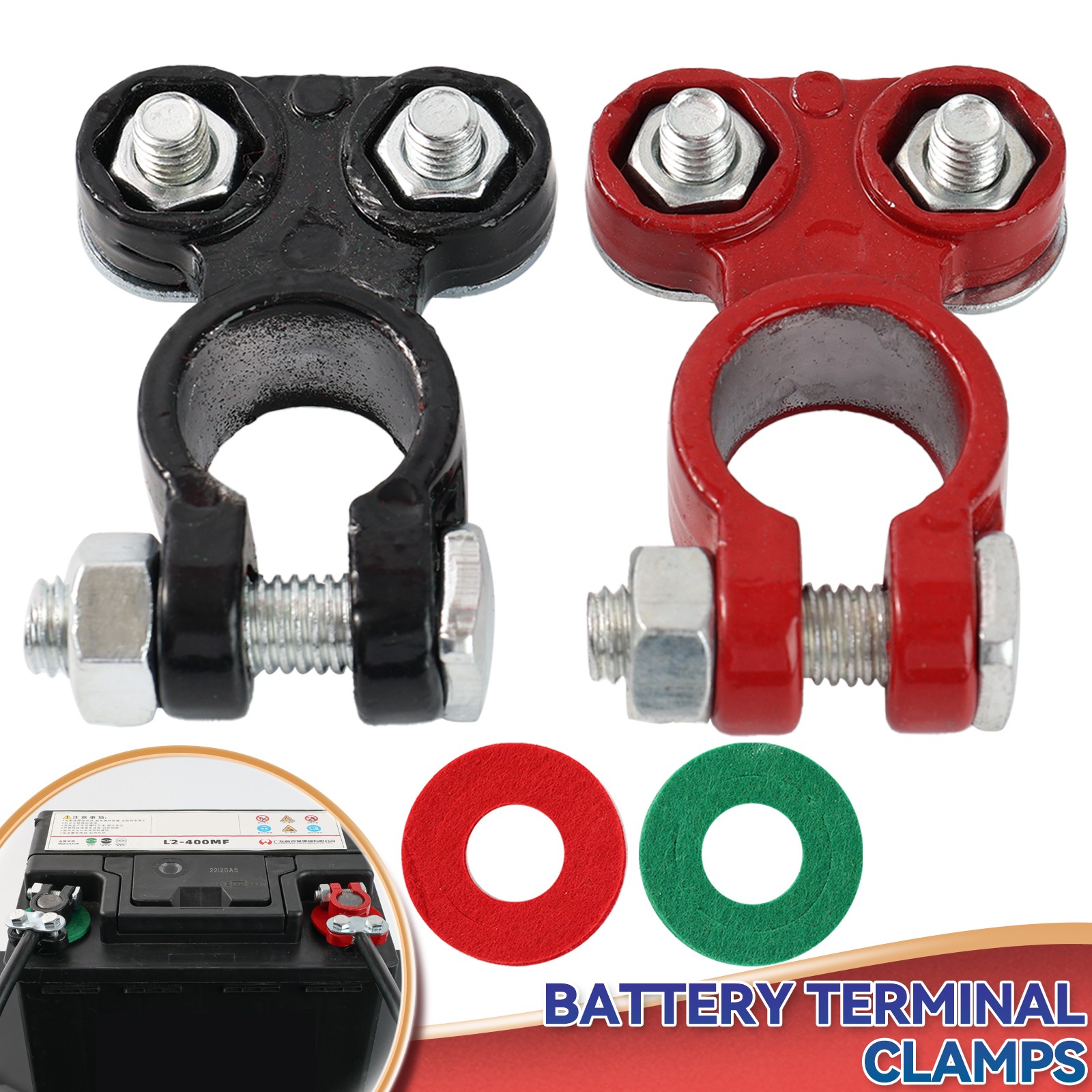 2x Pure Lead Battery Terminals Connectors Clamps Top Post Protector w/ Washers