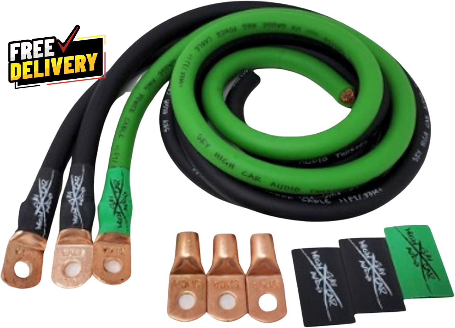 Sky High Oversized 1/0 Gauge AWG Big 3 Upgrade Green/Black Electrical Wiring Kit