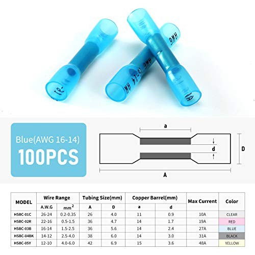 Heat Shrink Butt Connectors, 100Pcs 16-14 AWG Blue Insulated [16-14 AWG] x 100