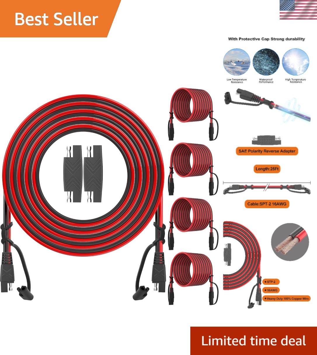 25Feet SAE to SAE Extension Cable Quick Disconnect Connector 16AWG, for Autom…