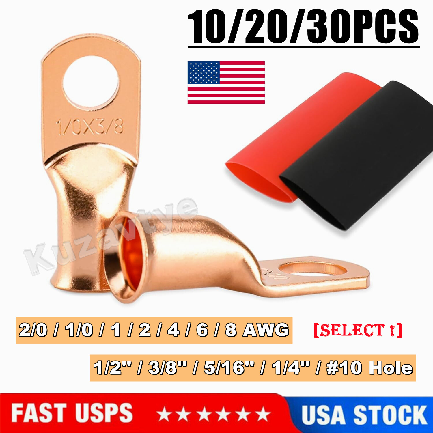 10/30PCS Bare Copper Cable Lugs Ring Terminals Car Battery Wire Crimp Connectors