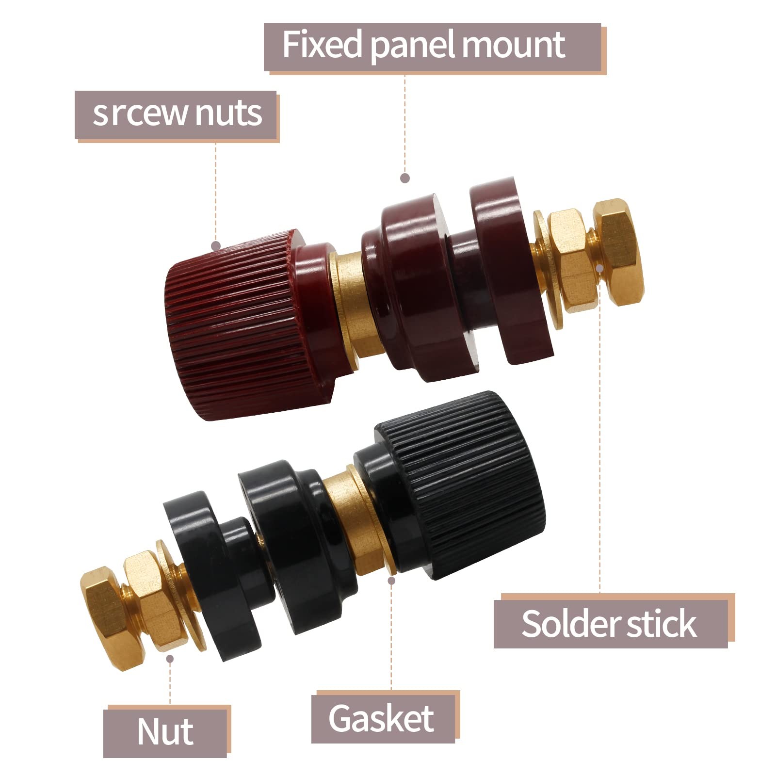 2 Pcs 1/4″ Copper Battery Terminal Studs, M6 Binding Post Connectors Red & Black