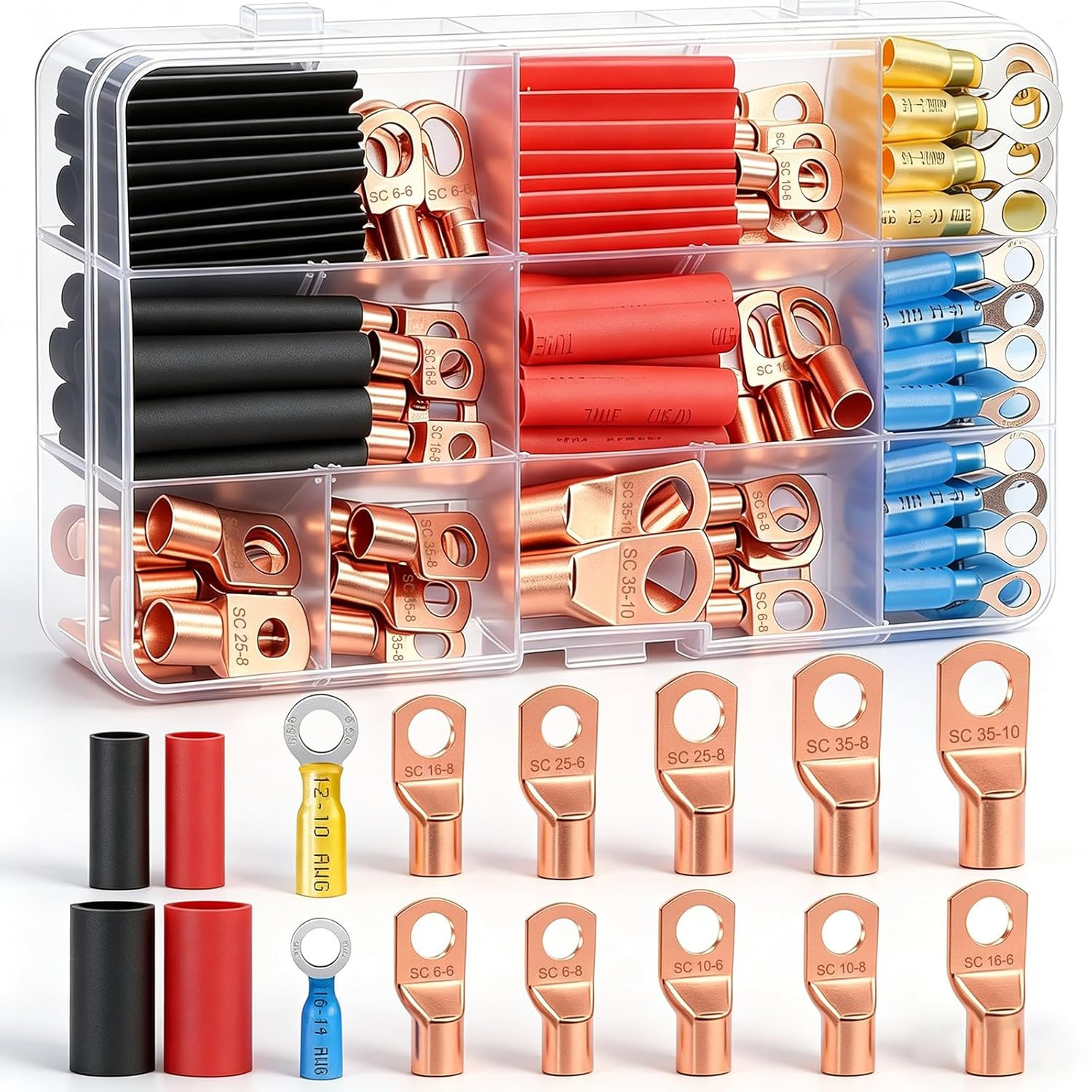 /130Pcs Copper Wire Lugs AWG 2 4 6 8 10 12 14 16 Gauge Battery Cable