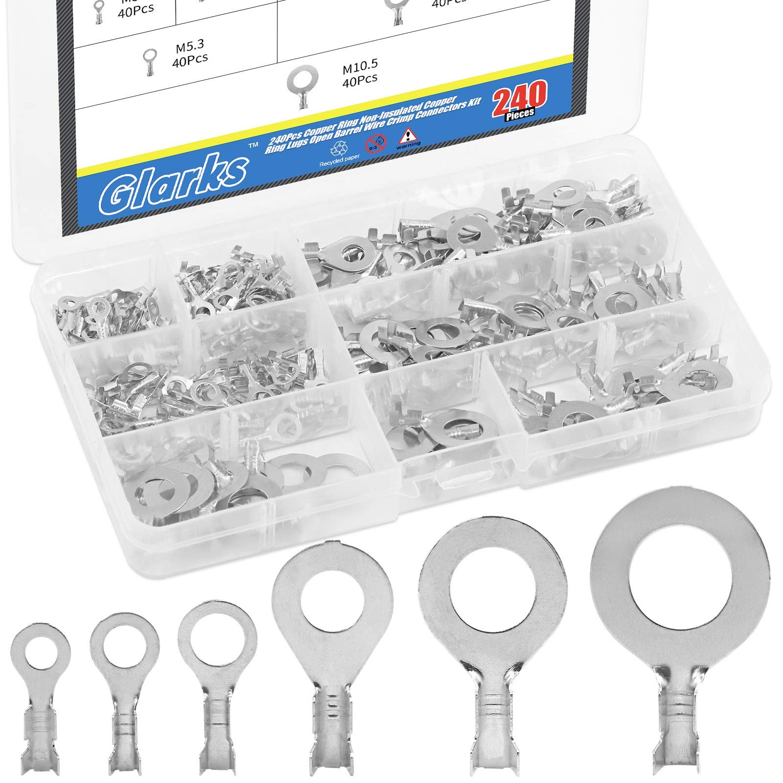 Glarks 240pcs Copper Ring Terminal Assortment Set Non-insulated Copper Ring Lugs