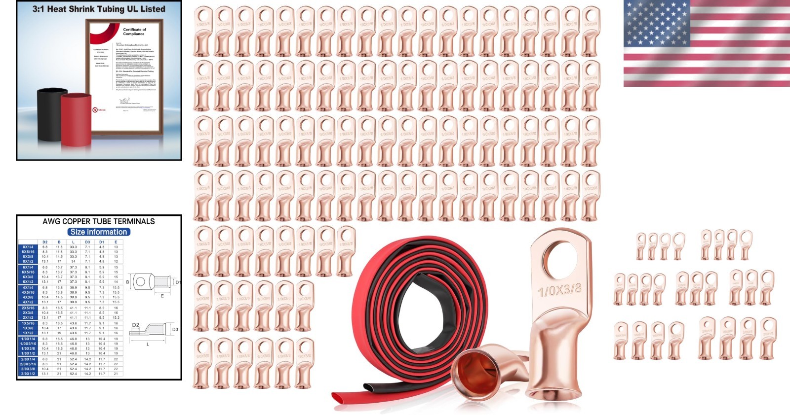 100 Heavy Duty 1/0 AWG-3/8 Copper Battery Lugs with 6.5ft Heat Shrink Tubing Set