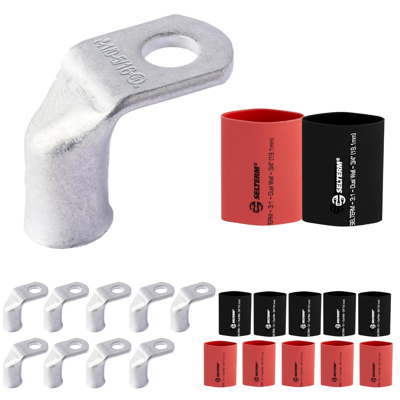 10pcs 1/0 AWG Battery Lugs 90° Bent Ring Terminals + 12 Heat Shrink Tubing Kit