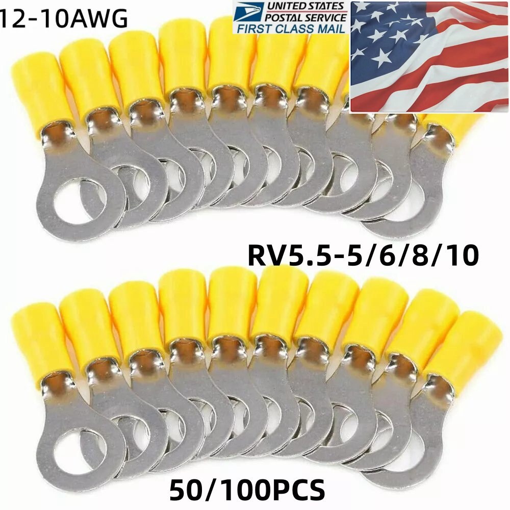 50/100x 12-10AWG Wire Ring Terminals Vinyl Car Audio Crimp Connectors M5-M10