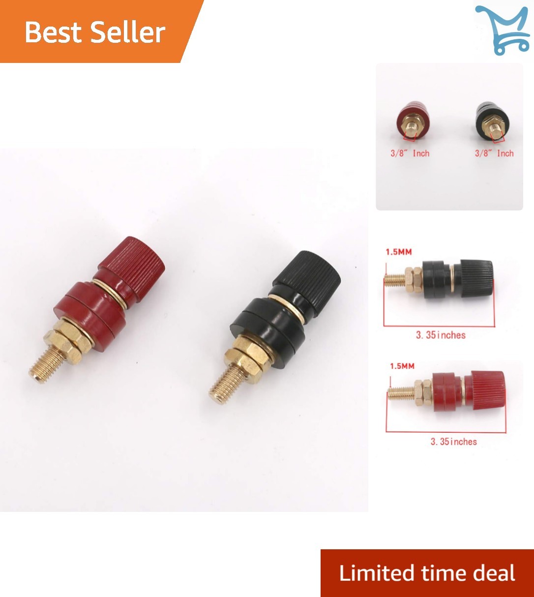 Battery Terminal Copper M10 3/8” Stud Power Junction Red Black 2Pcs
