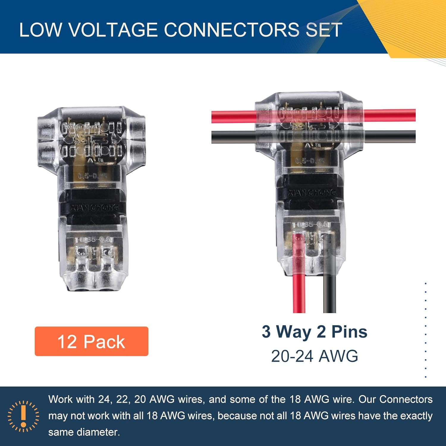 T Tap Wire Connectors, 2 Pins Wire Splice Connectors, 12 Pack, 24-20 AWG
