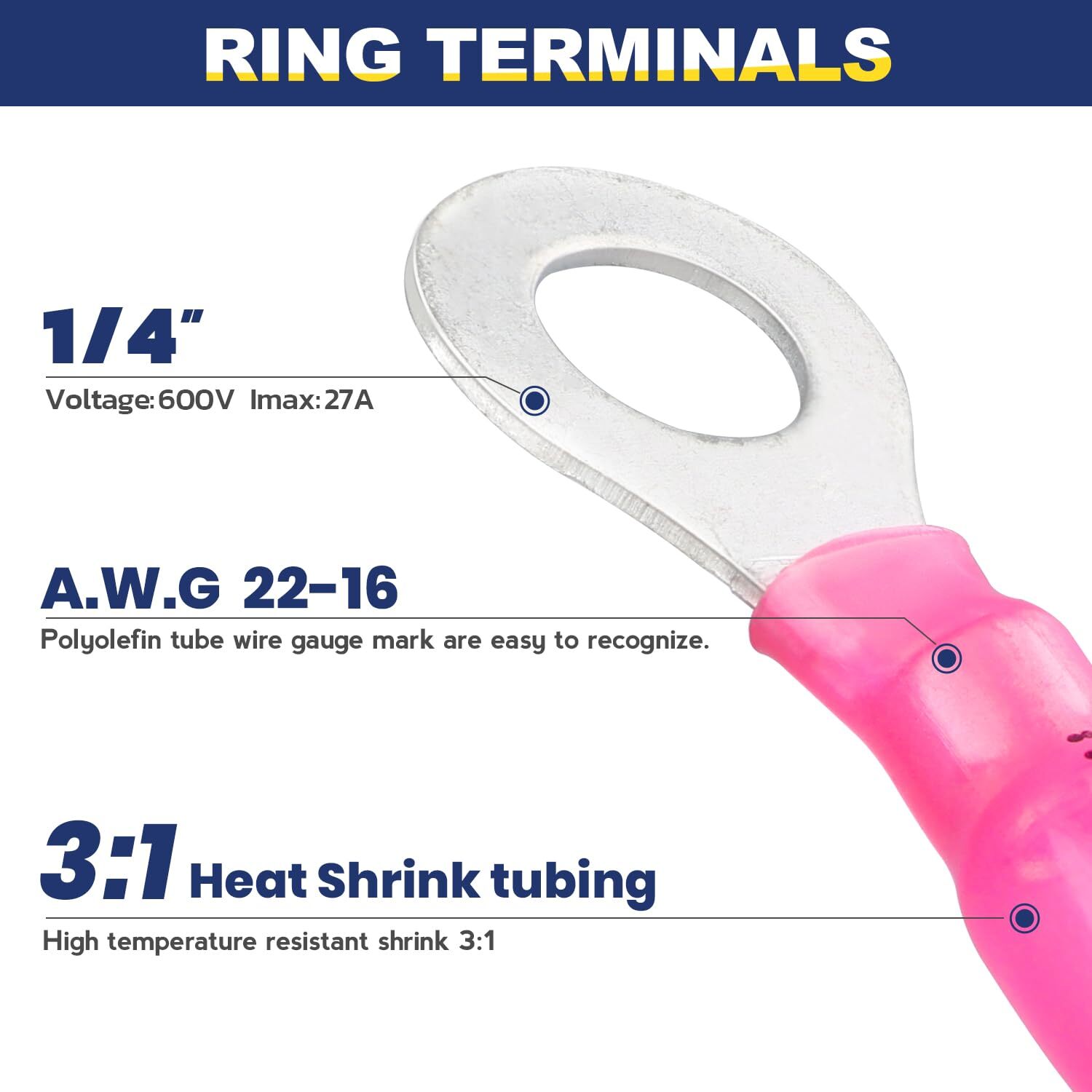 300PCS Heat Shrink Insulated Ring Crimp Terminals Connectors #10,1/4″,5/16″,3/8″