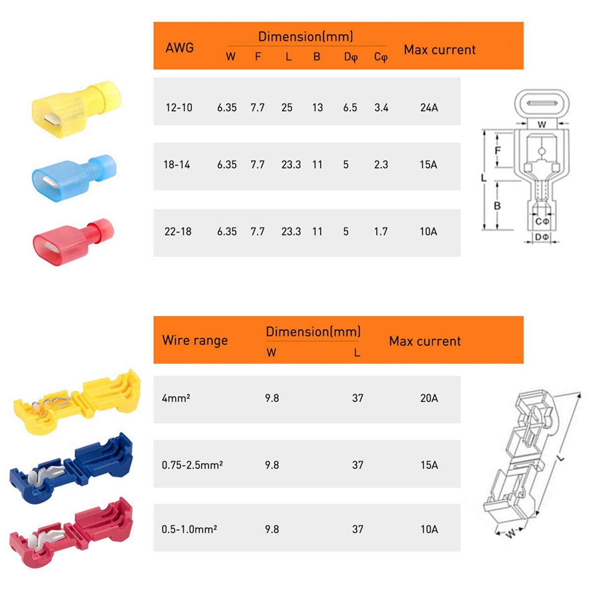 60/480Pcs T-Tap Wire Connector Quick Electrical Snap Splice Lock Crimp Terminals
