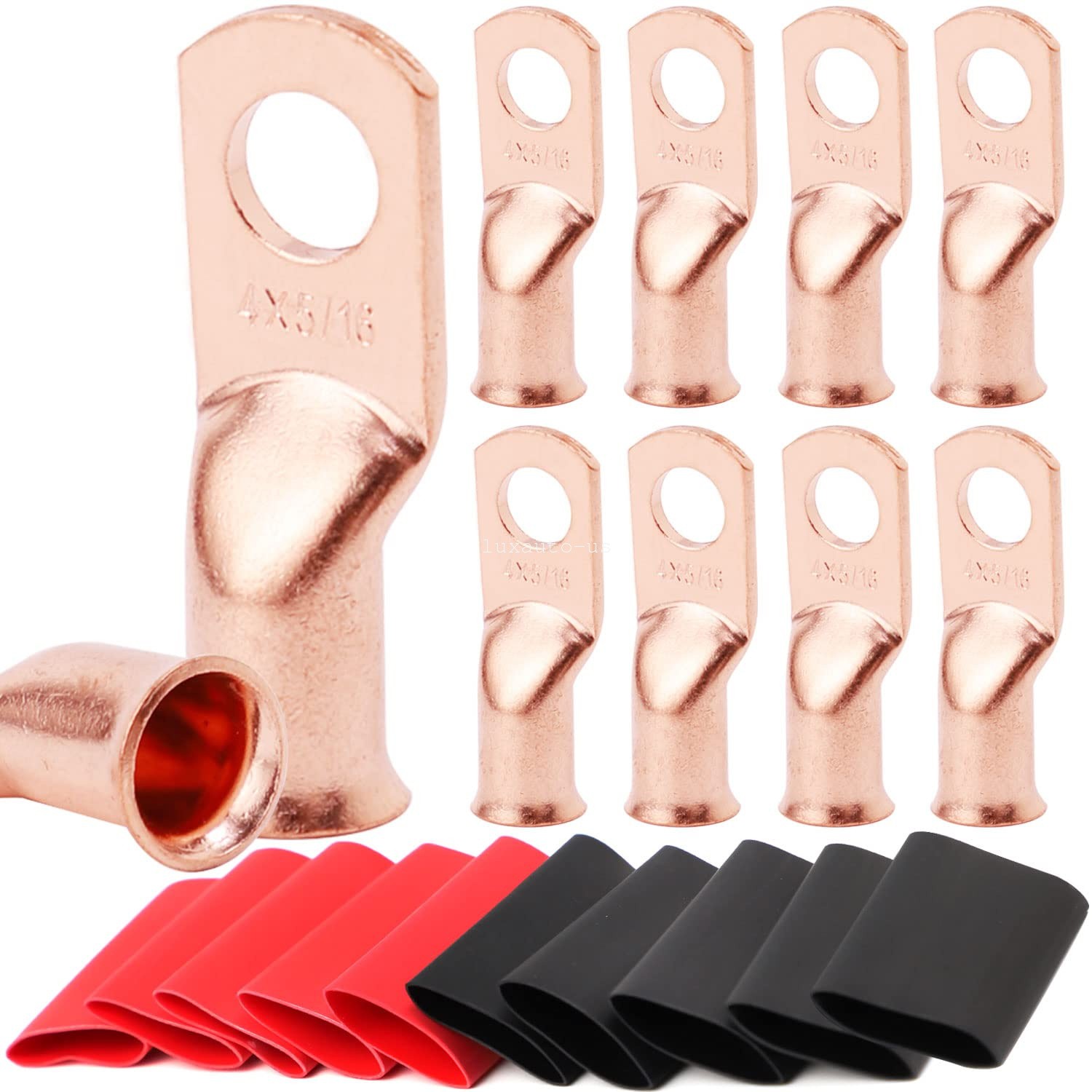(10) 2/4/6/8 AWG Copper Lugs W/ BLACK & RED Heat Shrink End Ring Terminals Wire