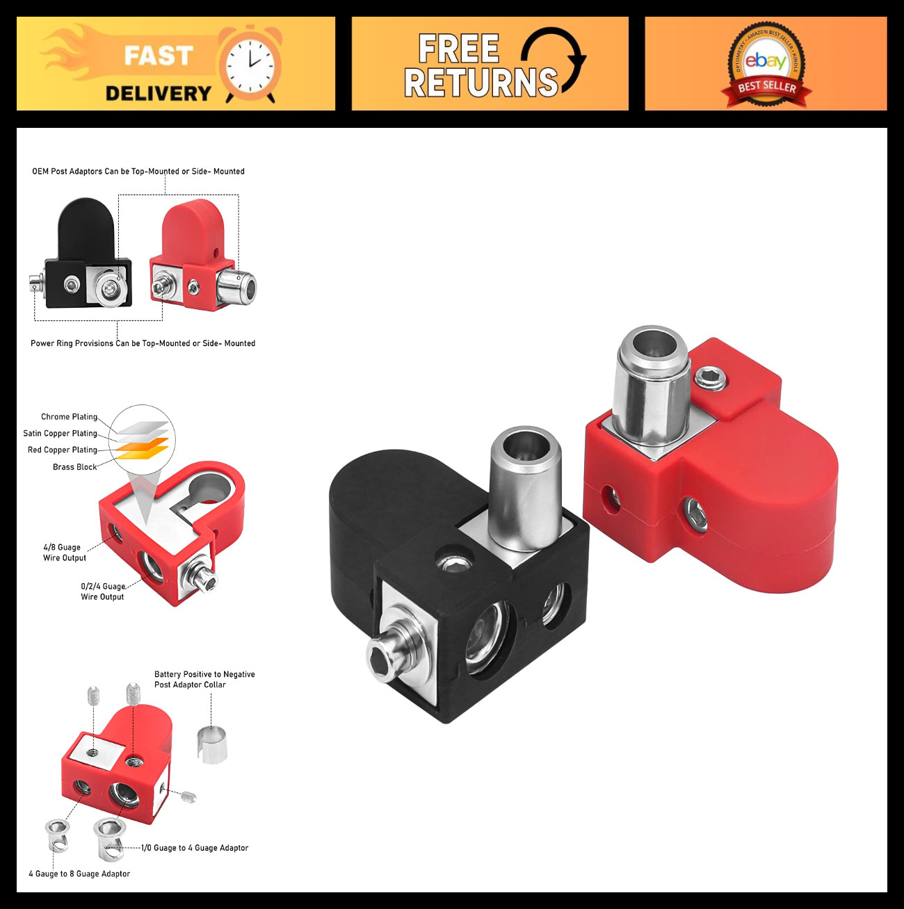Solid Brass Battery Terminals with Adaptor Collars, 1/0-2/4 & 1/4-8 Gauge Output