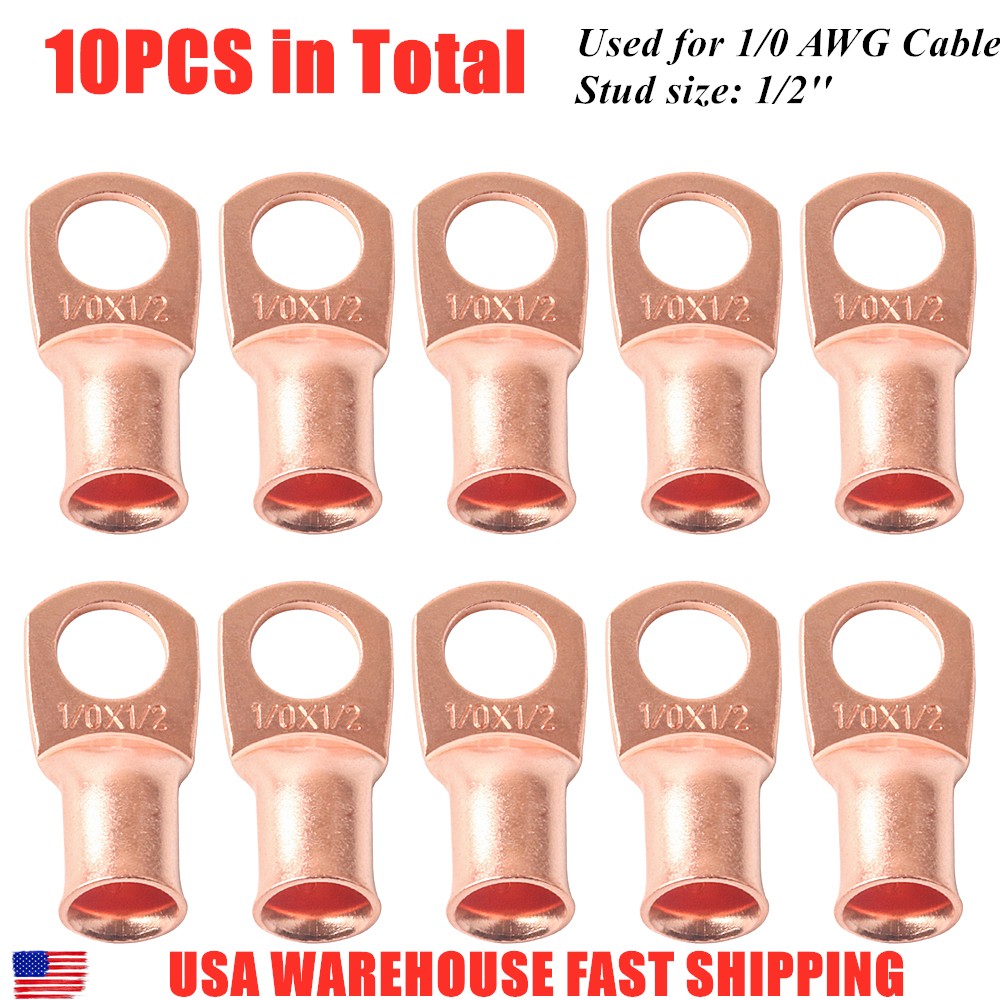 10PCS Pure Copper Ends Lugs 1/0AWG Cable Connectors 1/2″ Ring Battery Terminals
