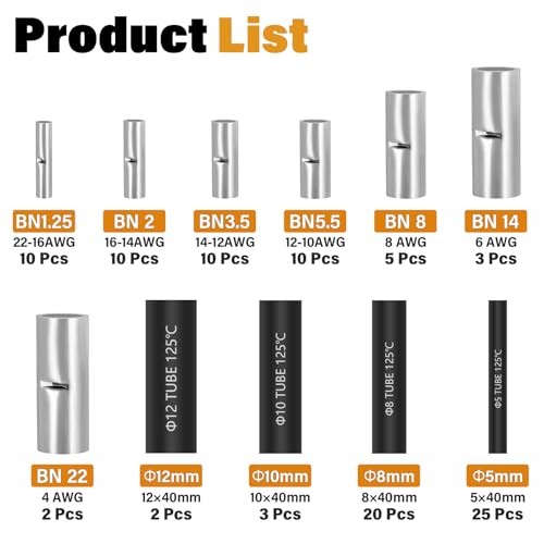 7 Values Non Insulated Butt Connectors Crimp with Heat Shrink Tube Uninsulated