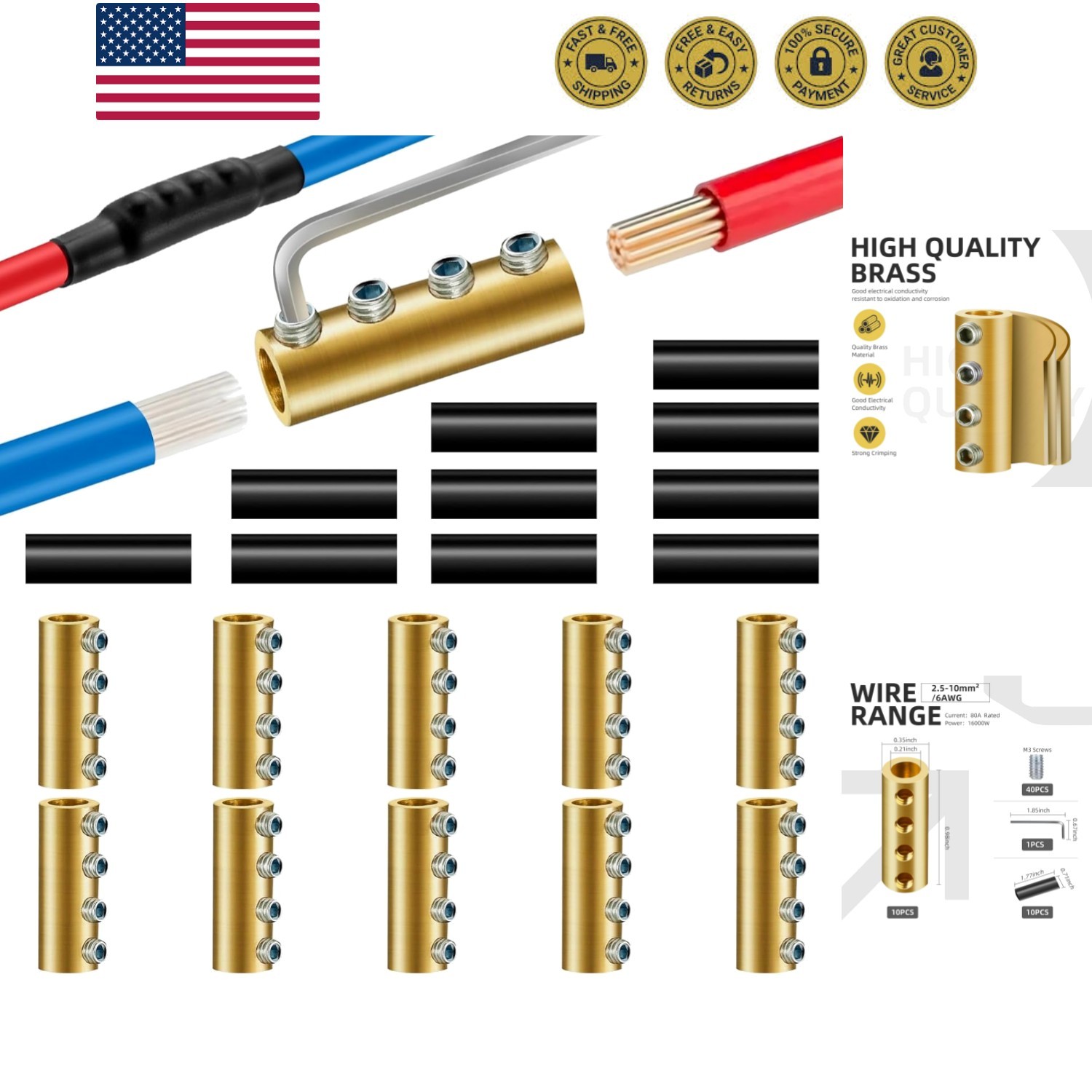 10PCS 6-10AWG 6 8 10 Gauge Wire Connector Nut Kit, 80Amp Screw Quick Wiring C…