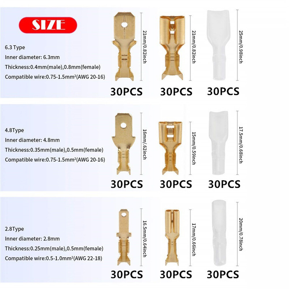 540PCS Brass Spade Male Female Terminals Electrical Wire Crimp Connectors