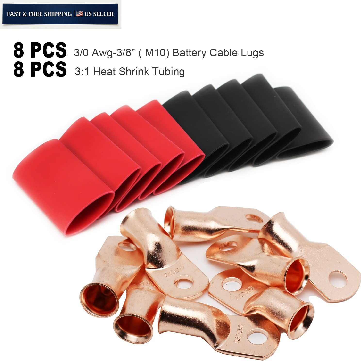 TKDMR 8pcs 3/0 AWG-3/8 Battery Lugs,Heavy Awg – 3/8″ (M10) Ring, Copper