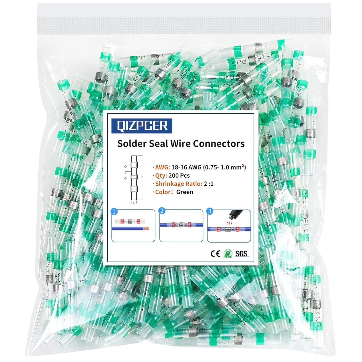 200Pcs Waterproof Solder Seal Wire Connectors, 18-16 Gauge Green Heat Shrink But