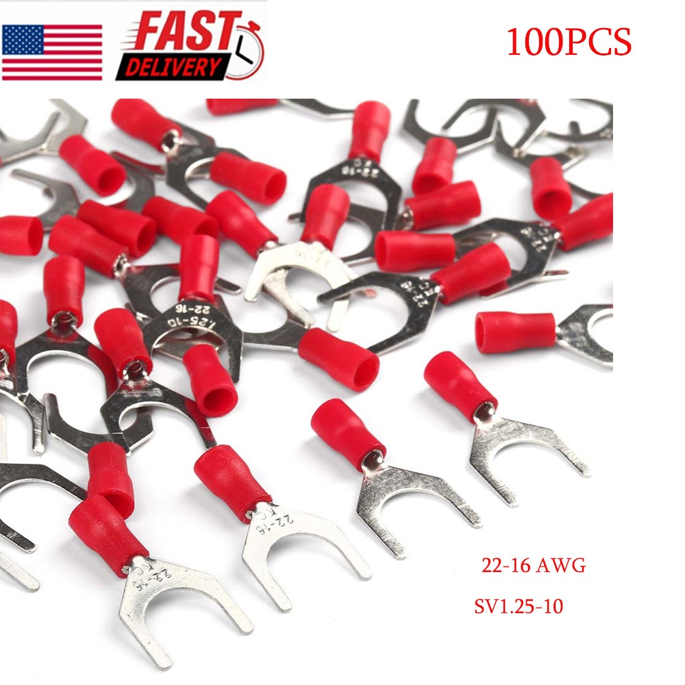 SV1.25-10 Red 22-16 AWG Insulated Crimp Fork Spade Terminal Connectors 100PCS