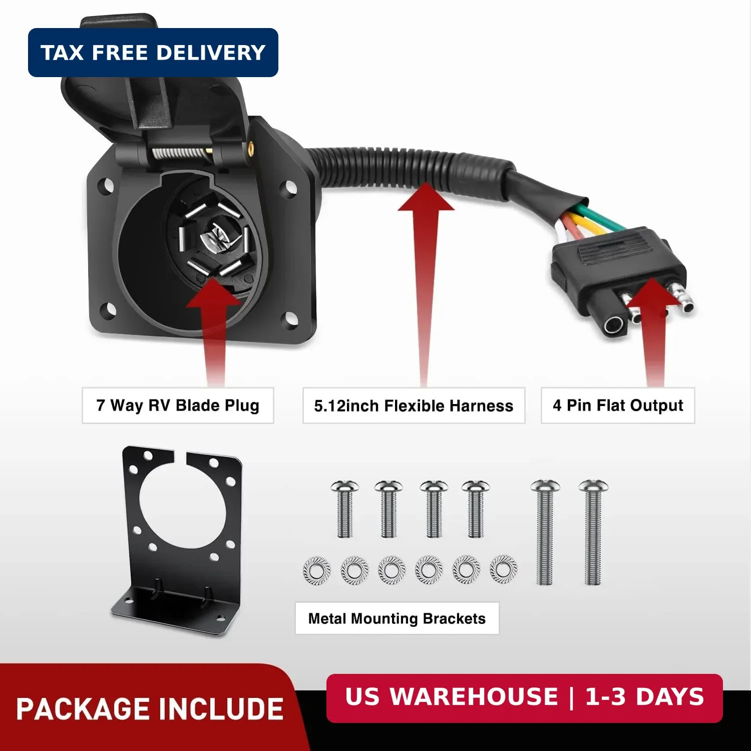 4 Way Flat to 7 Way round Blade Trailer Adapter Wiring Harness 4 Pin to 7 Pin El