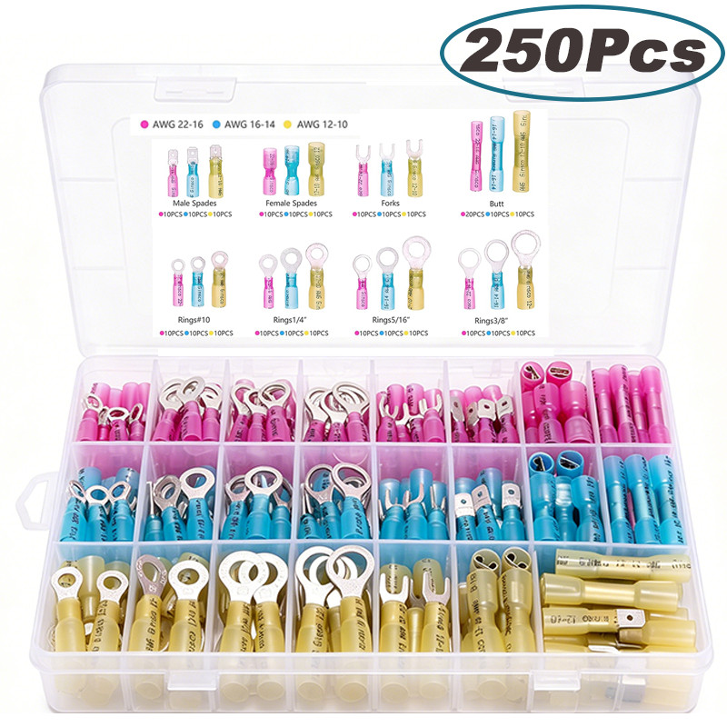 250Pcs Heat Shrink Butt Wire Connectors Waterproof Crimp Splice Terminal Kit