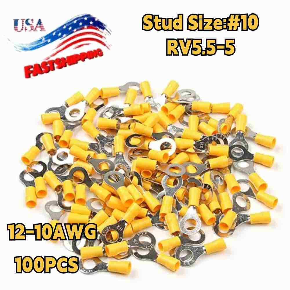 Yellow 12-10 Gauge Wire Ring Terminals Vinyl #10 Car Audio Connectors 100pcs
