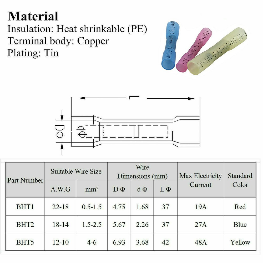 400/200pcs 22-14 AWG Heat Shrink Butt Wire Splice Connectors Crimp Terminals