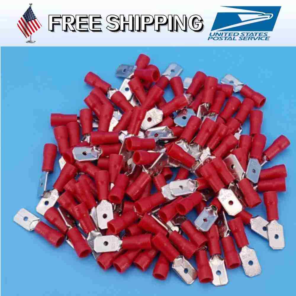 100Pcs 6.3mm Spade Male Quick Disconnects 22-16AWG Wire Crimp Terminals Red